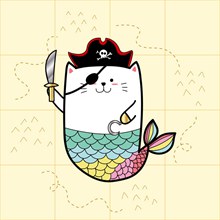 海盗猫美人鱼矢量图