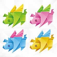 4款彩色带翅膀的猪折纸矢量图