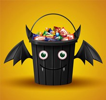 卡通装满糖果的万圣节蝙蝠桶图矢量素材