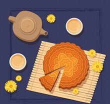 美味中秋节茶和切开的月饼图矢量图下载