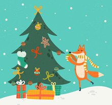彩绘装扮圣诞树的狐狸图矢量下载