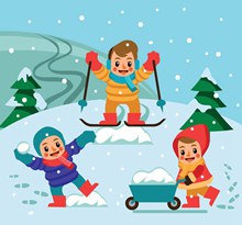 3个卡通冬季郊外玩耍的儿童图矢量图片