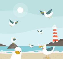 卡通沙滩边的海鸥矢量图片