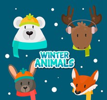 4款卡通冬季动物头像矢量图下载