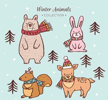 4款彩绘冬季动物设计矢量图