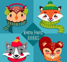 4款卡通冬季森林动物头像矢量下载