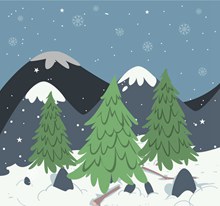 彩绘冬季雪山树木风景矢量图下载