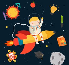 创意坐火箭遨游太空的男孩图矢量图下载