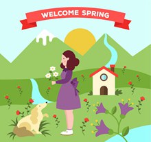 创意春季狗采花女子和宠物图矢量下载