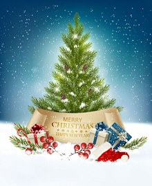 精美雪地圣诞树和礼盒设计矢量图下载