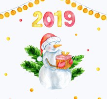 彩绘2019年怀抱礼物的雪人图矢量图下载
