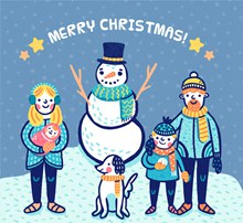 彩绘圣诞节四口之家和雪人图矢量素材
