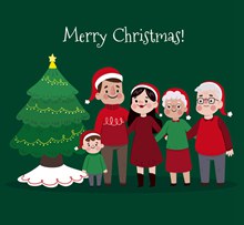 卡通圣诞树旁的五口之家图矢量下载