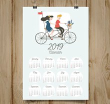 2019年创意骑单车的情侣年历矢量下载