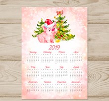 水彩花卉装饰猪年日历矢量图