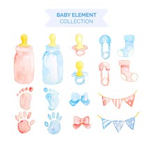 16款水彩绘粉色和蓝色婴儿元素图矢量图下载