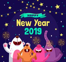 2019年可爱仰望天空的新年动物图矢量图