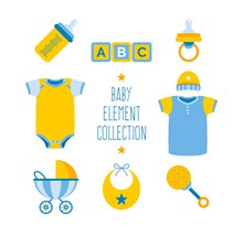 8款蓝色和黄色婴儿物品图矢量