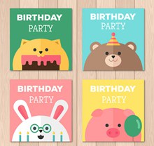 4款可爱动物生日派对卡片图矢量