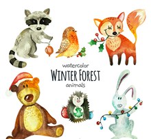 6款彩绘冬季森林动物图矢量图下载