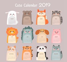 可爱2019年动物年历设计图矢量