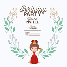 公主与花卉装饰生日邀请卡矢量图片