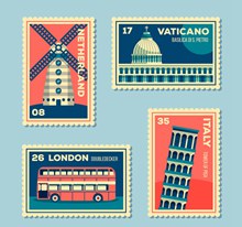4款创意环球旅游邮票图矢量图