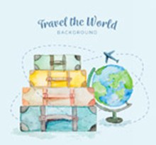 水彩绘堆起的旅行箱和地球仪图矢量