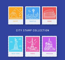 6款白色旅游城市邮票图矢量图下载
