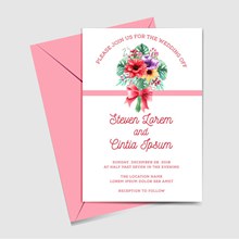 彩绘花束婚礼邀请卡和粉色信封图矢量
