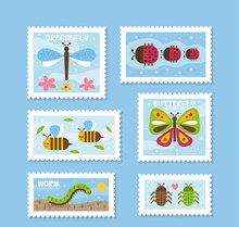 6款彩色昆虫邮票设计图矢量图下载