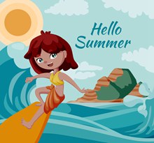 卡通夏季海上冲浪的女孩矢量下载