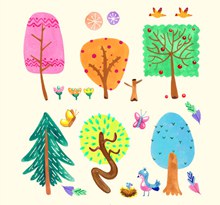 6款彩色树木和花鸟设计矢量素材