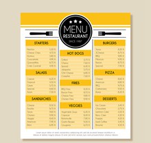 黄色餐馆菜单设计矢量图片