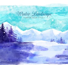 水彩绘冬季郊外风景矢量素材