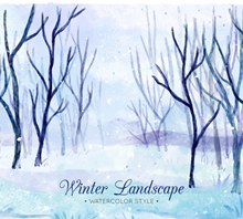 水彩绘冬季雪地树林风景图矢量图片