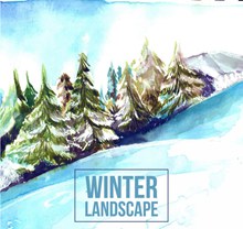 水彩绘冬季雪山松林风景矢量图片