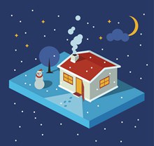 立体冬季夜晚房屋和雪人矢量素材
