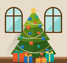 扁平化客厅里的圣诞树矢量图片