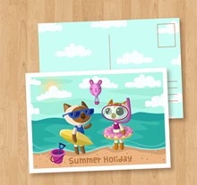 卡通夏季度假猫咪明信片图矢量
