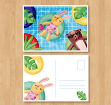 可爱游泳池的兔子和熊明信片图矢量图