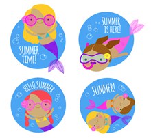 4款彩色夏季潜水美人鱼标签图矢量下载