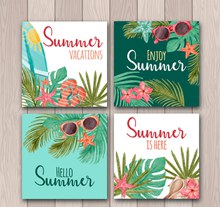 4款彩绘夏季度假卡片矢量素材