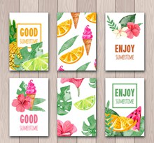 6款彩绘夏季花草水果卡片图矢量图片