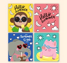 4款彩绘夏季动物卡片图矢量