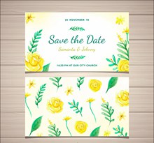 黄色玫瑰花婚礼邀请卡片正反面图矢量图片