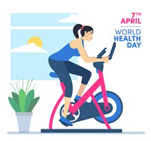 创意世界健康日骑健身车的女子图矢量素材