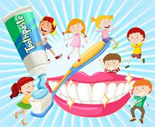 卡通用牙刷刷牙的7个儿童图矢量图