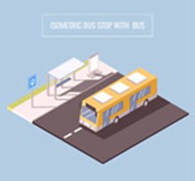立体公交车和候车亭矢量图