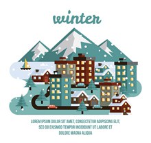 冬季小城建筑和道路图矢量图片